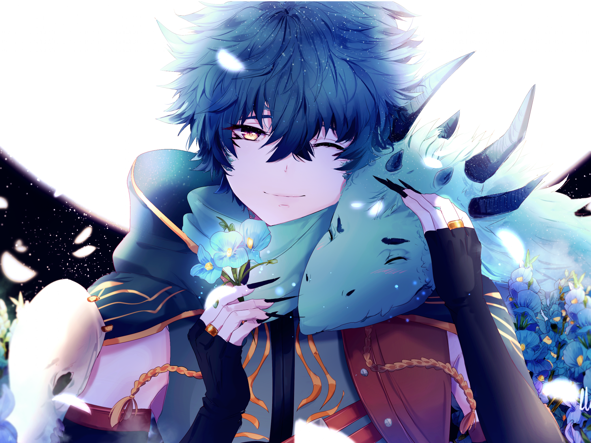 Wallpaper Anime boy, Dragon, Blue, Flowers, 4K, Anime