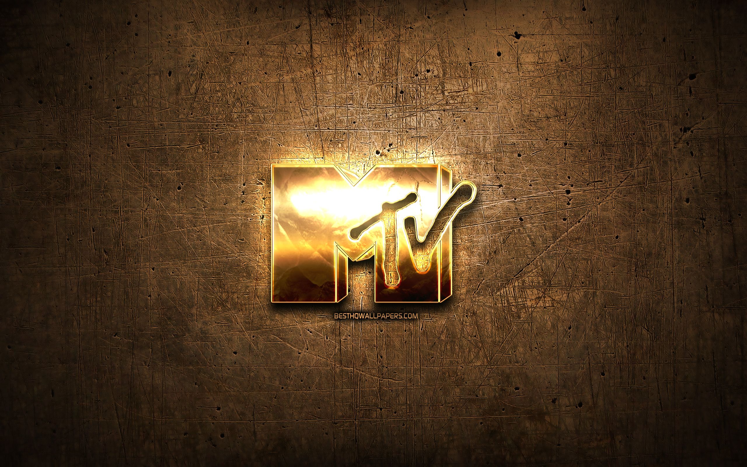 Download wallpaper MTV golden logo, artwork, brown metal