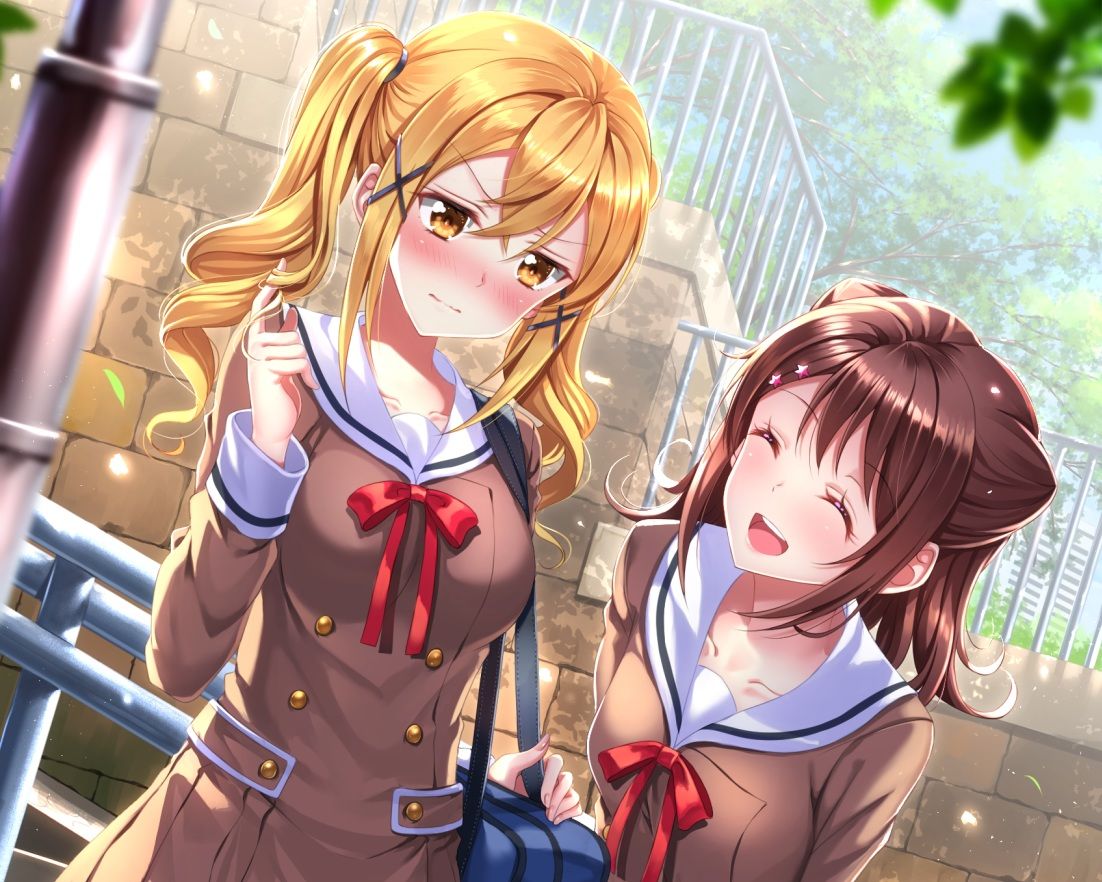 2girls bang dream! blonde hair blush breasts brown hair cropped