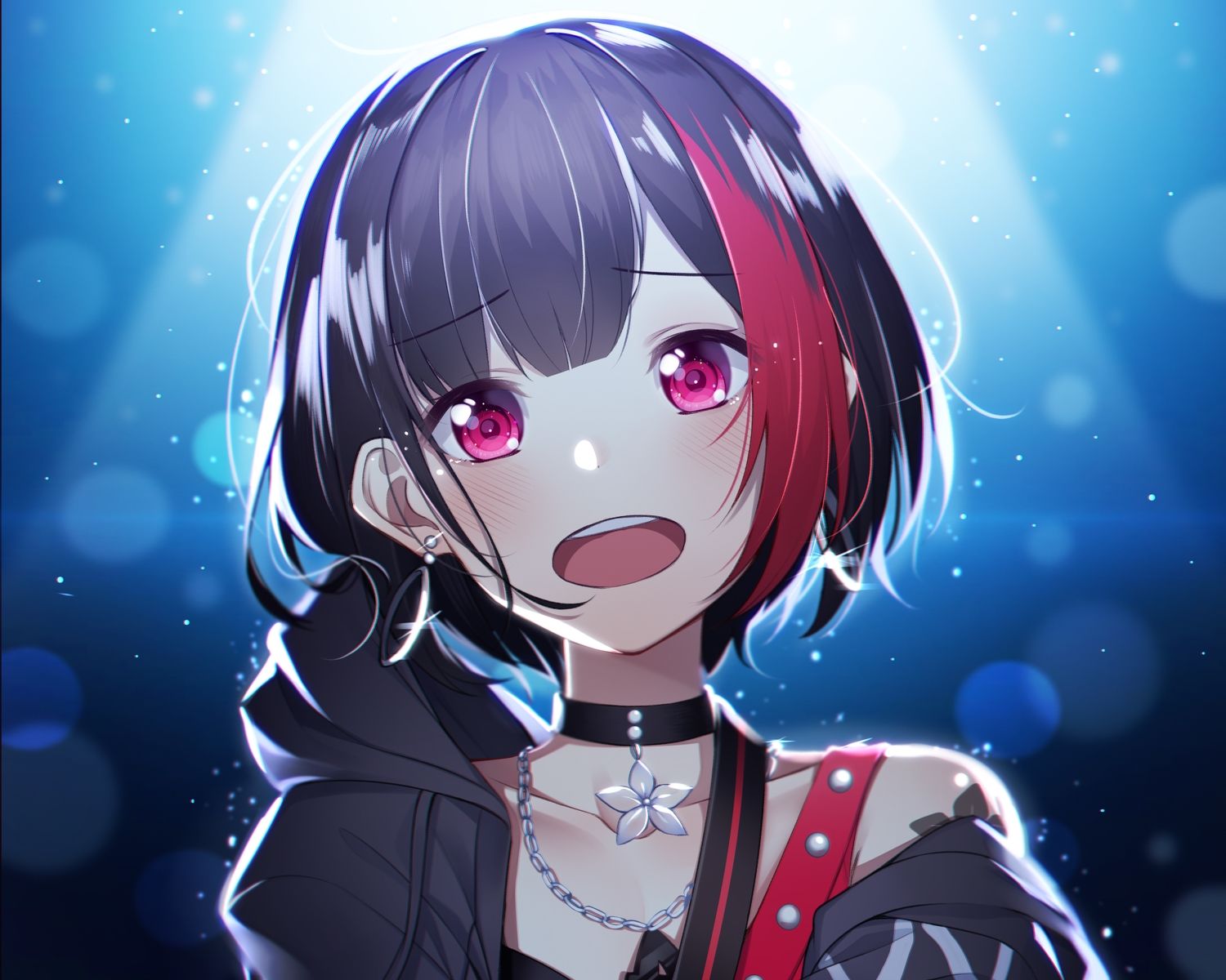 bang dream! black hair blush choker close mitake ran necklace pink