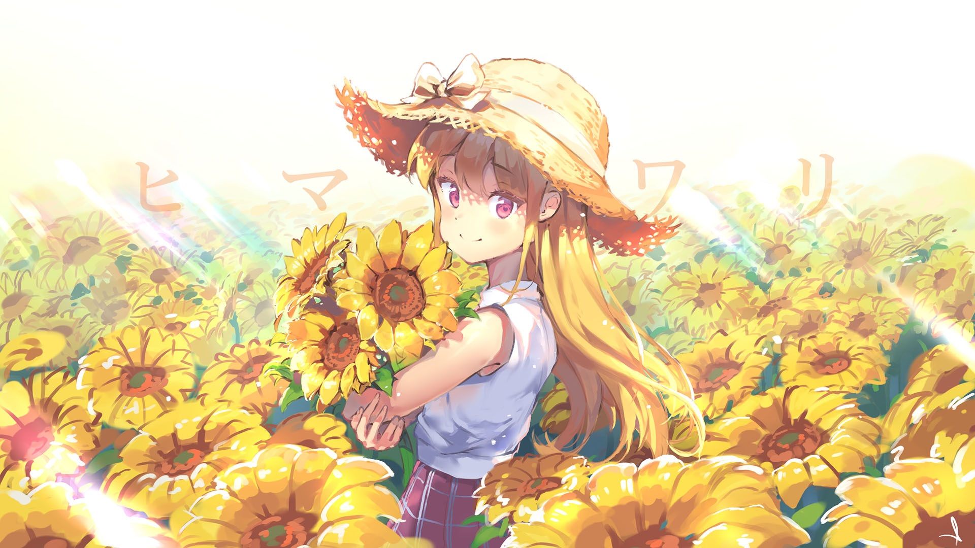 Cute anime girl with an armful of sunflowers HD Wallpaper