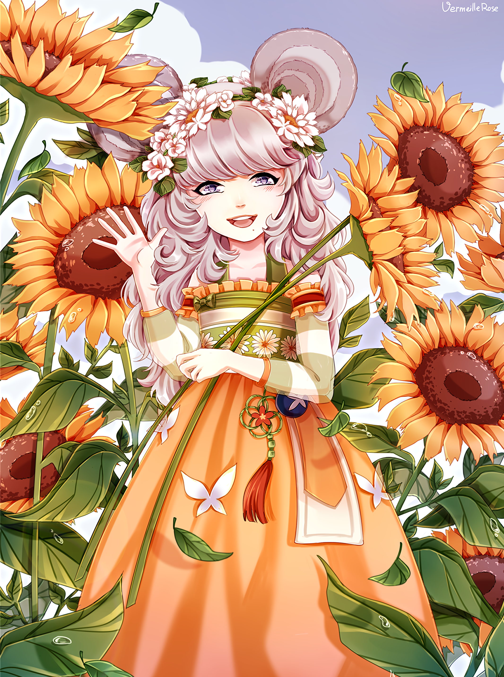 Download wallpaper 2132x2864 girl, anime, sunflowers, art HD
