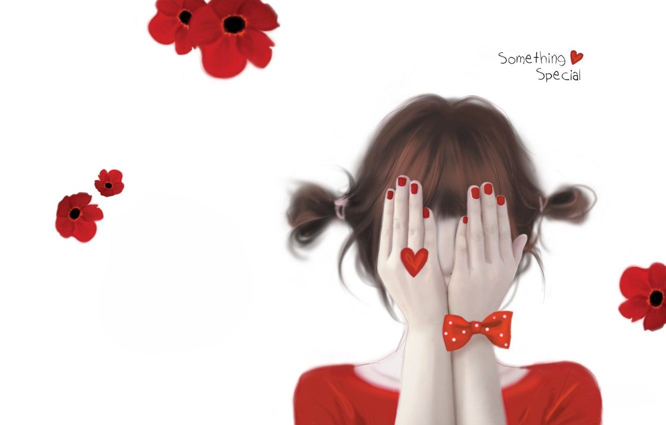 Wallpaper girl, flowers, hide and seek, bow, heart, marigolds