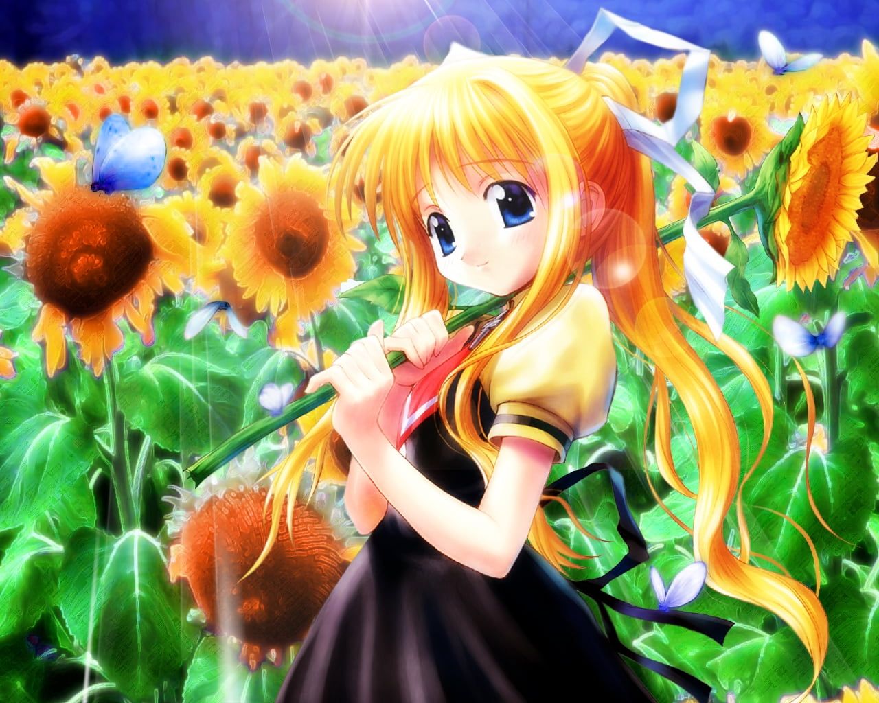 Yellow hair girl anime character with sunflower field in the background digital wallpaper HD wallpaper