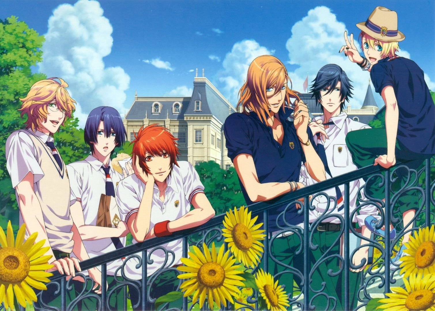 Group of men anime wallpaper, anime, guys, sunflowers, city, walk