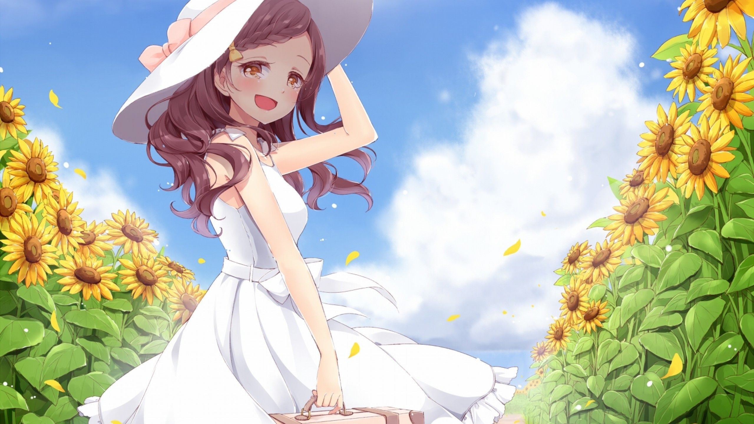 Download 2560x1440 Anime Girl, Summer, Sunflowers, Field, Big