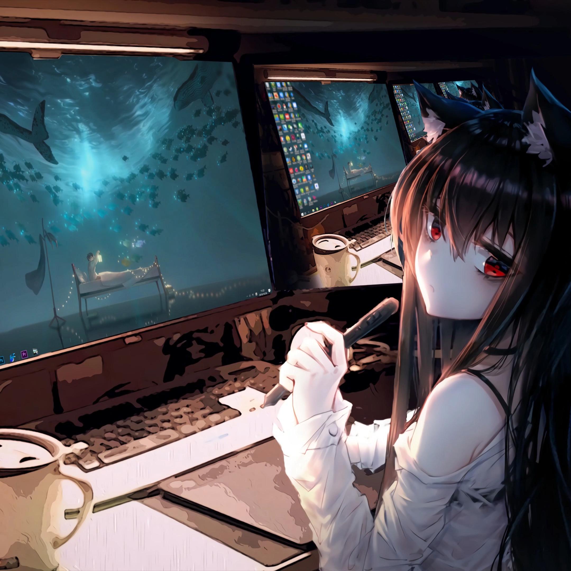 Anime Girl and Computers 4K Live Wallpaper