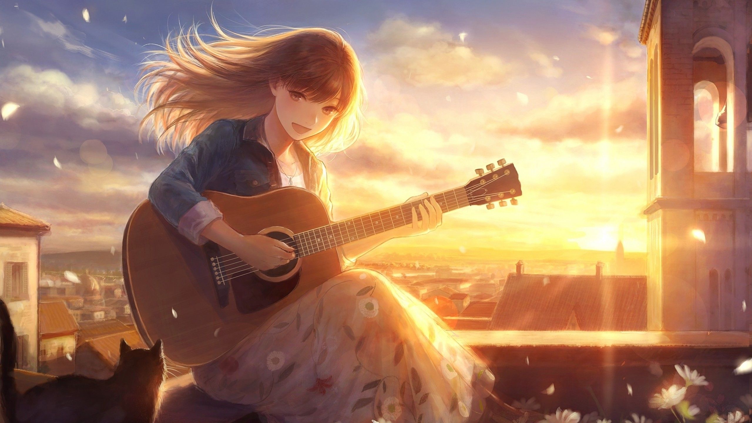 Download 2560x1440 Anime Girl, Singing, Sunlight, Guitar