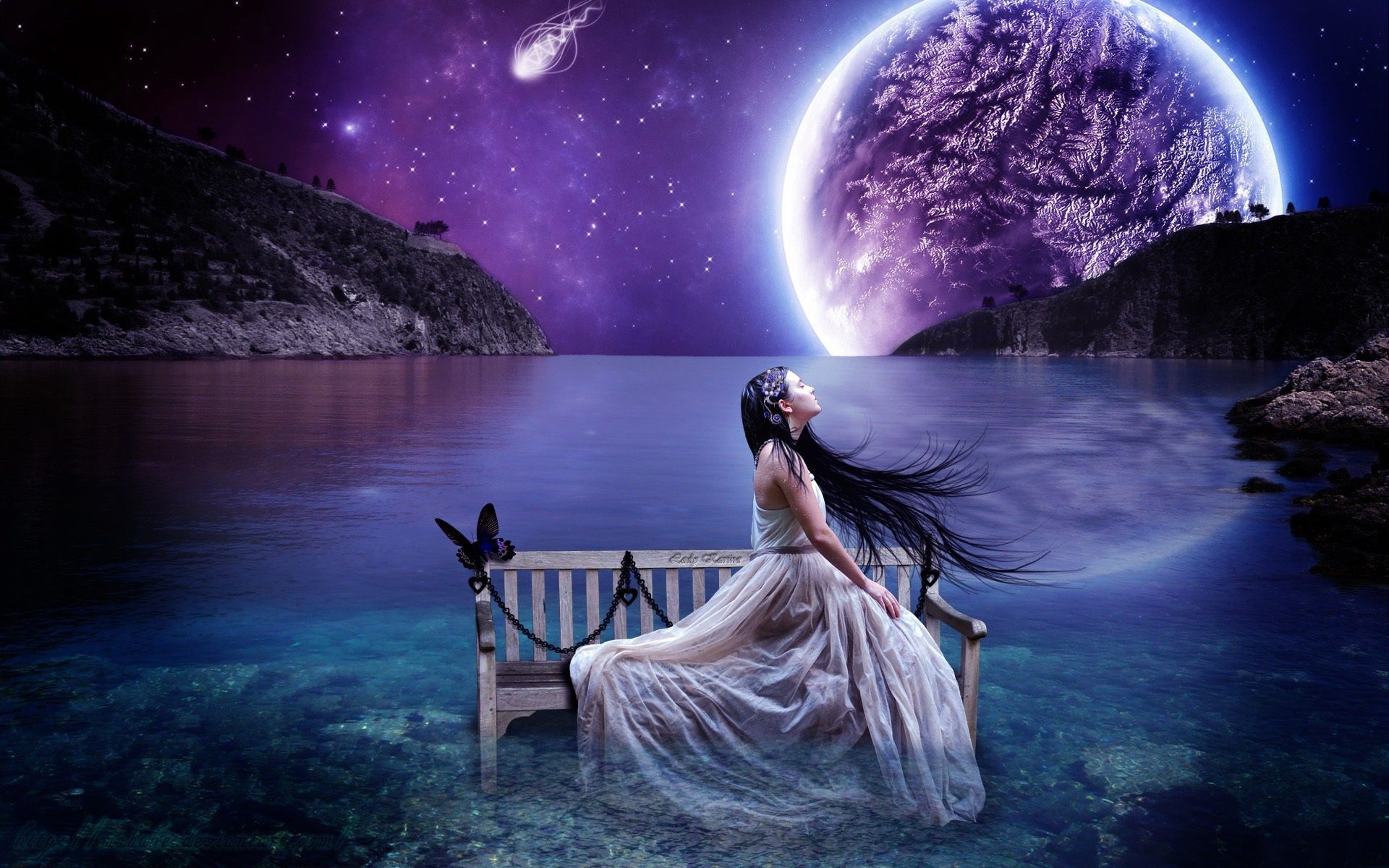 Aesthetic creative landscape, lake water benches girl, sky planet