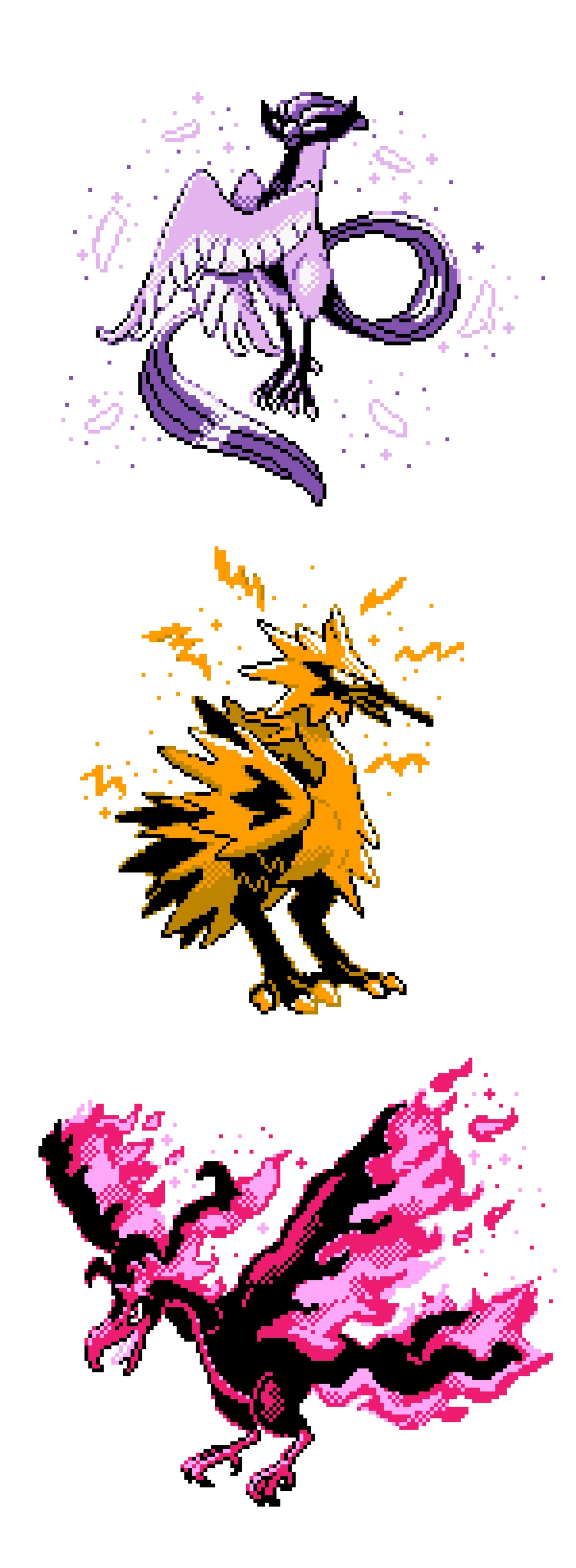 Pixelated Galarian Articuno, Zapdos and Moltres. Pokémon Sword