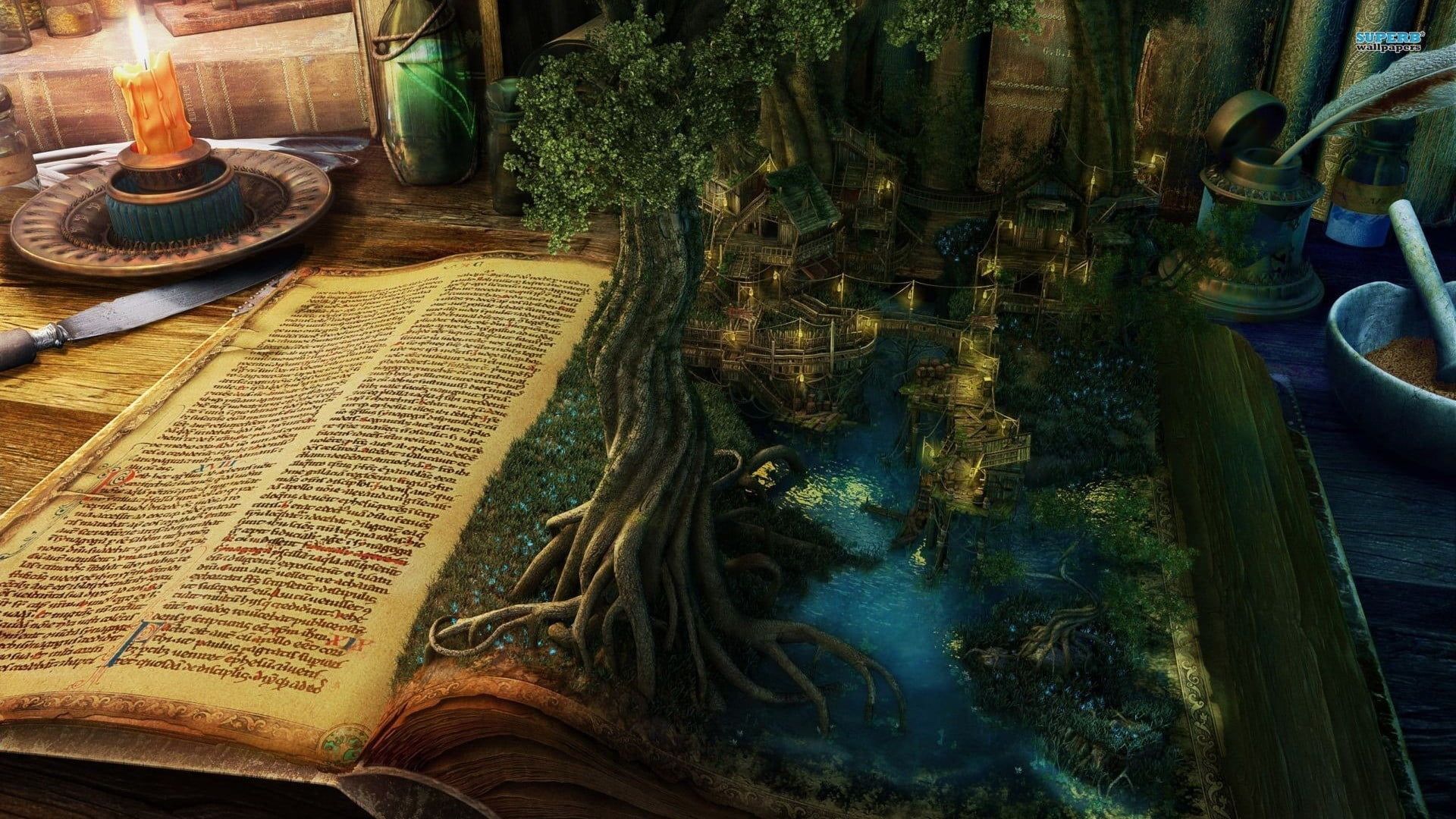 Opened book with trees and houses painting, digital art, fantasy