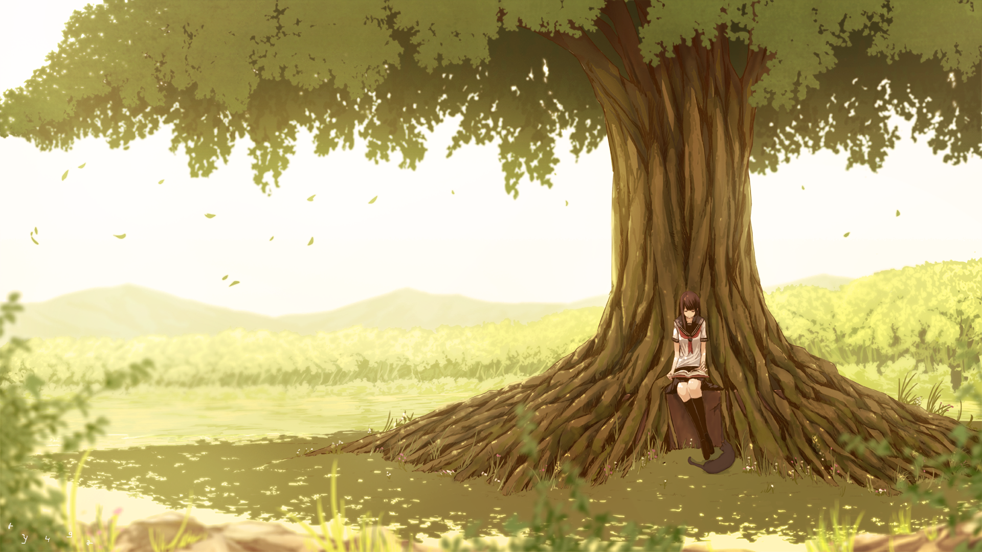 Download 1920x1080 Anime Girl, Giant Tree, Reading A Book, Scenic