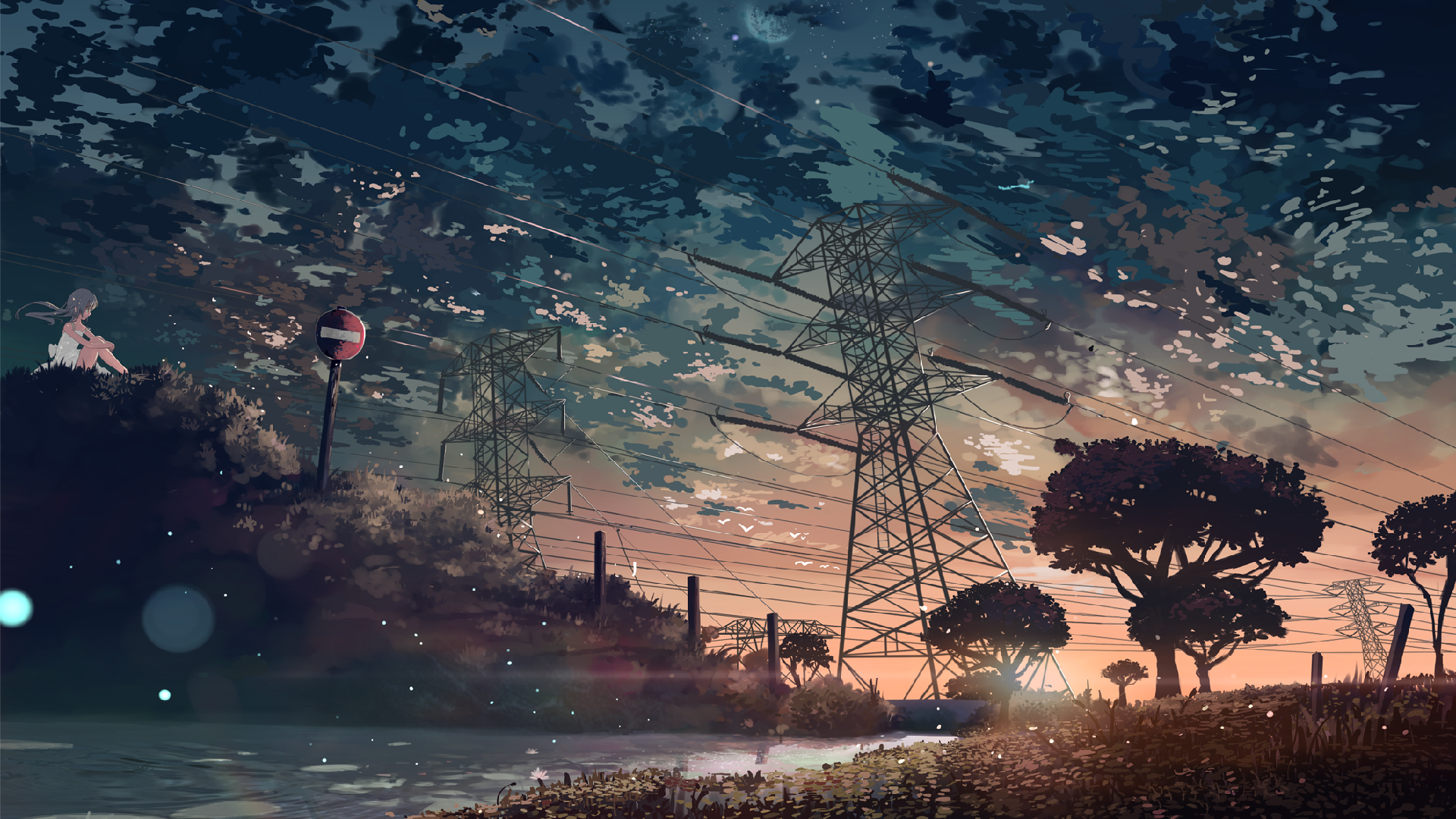 artwork, #sunset, #anime, #trees, #clouds, #utility pole, #power