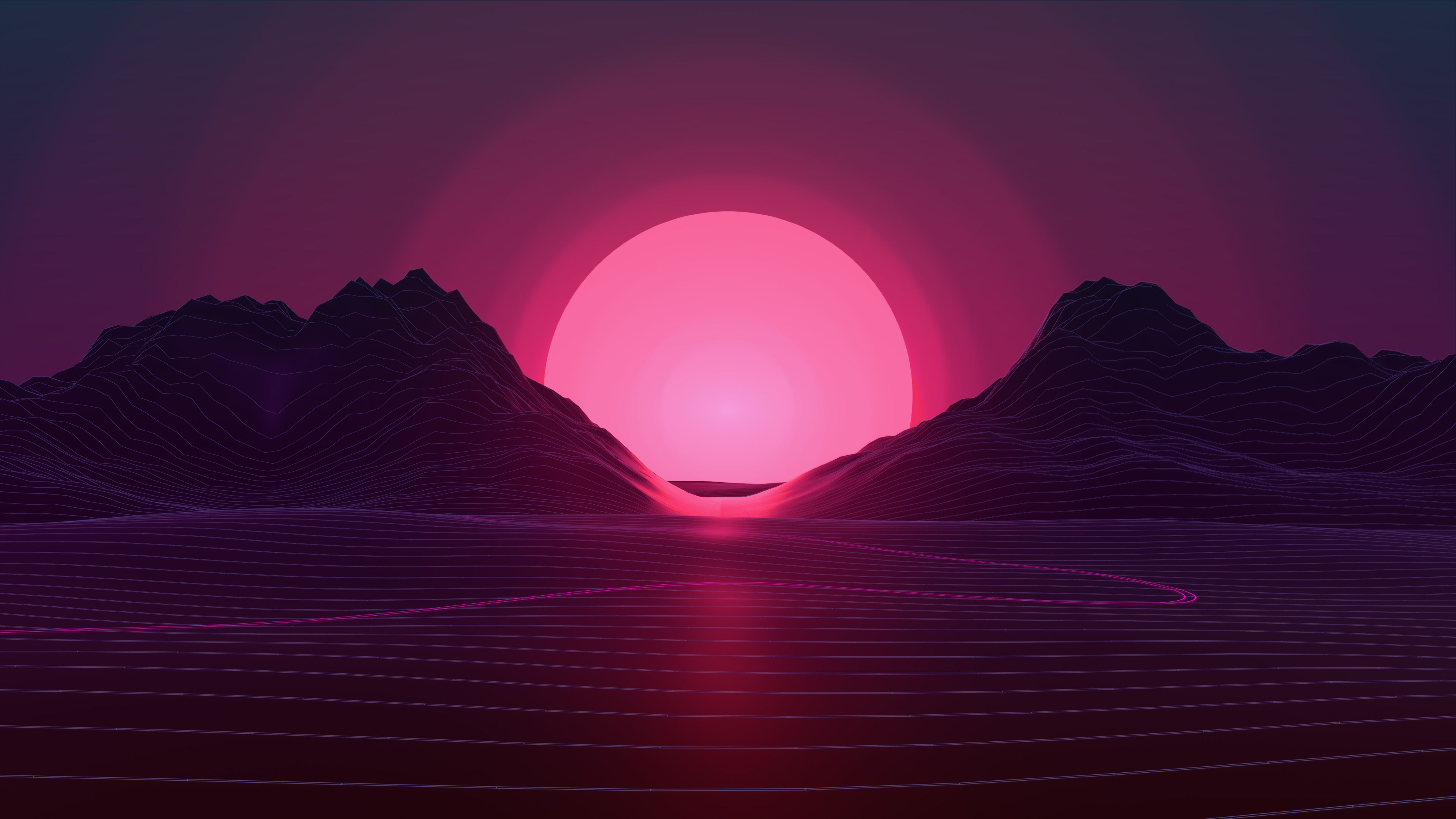 Sun In Retro Wave Mountains 5K Wallpaper, HD Artist 4K