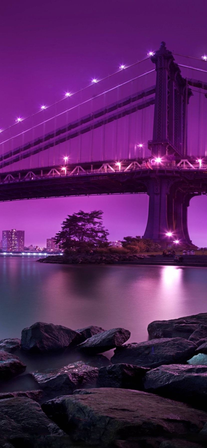Bridge, lighting, river, rocks, city, pink backgrounds 828x1792