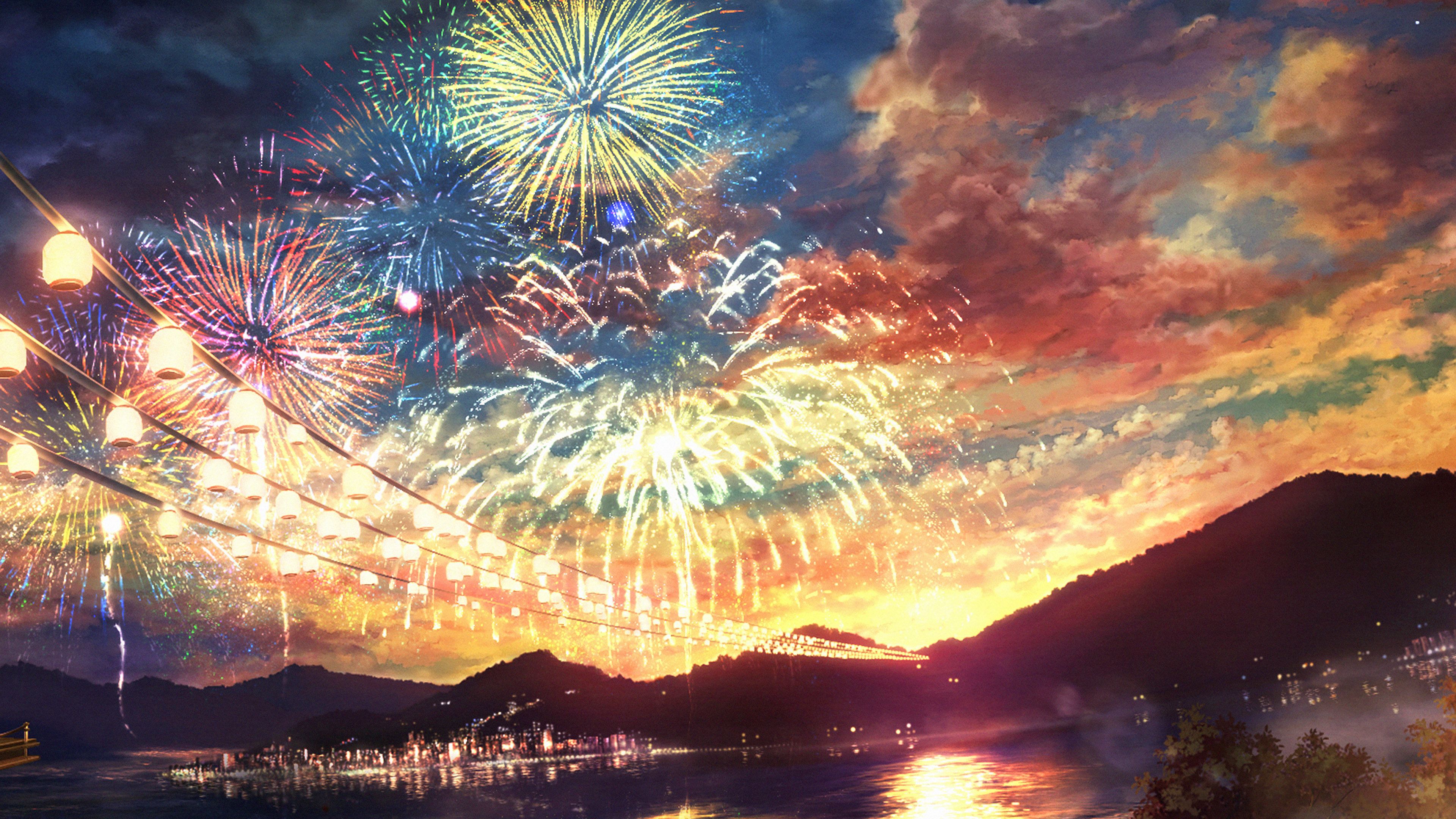 Firework Dark Night Anime Art Illust Wallpaper