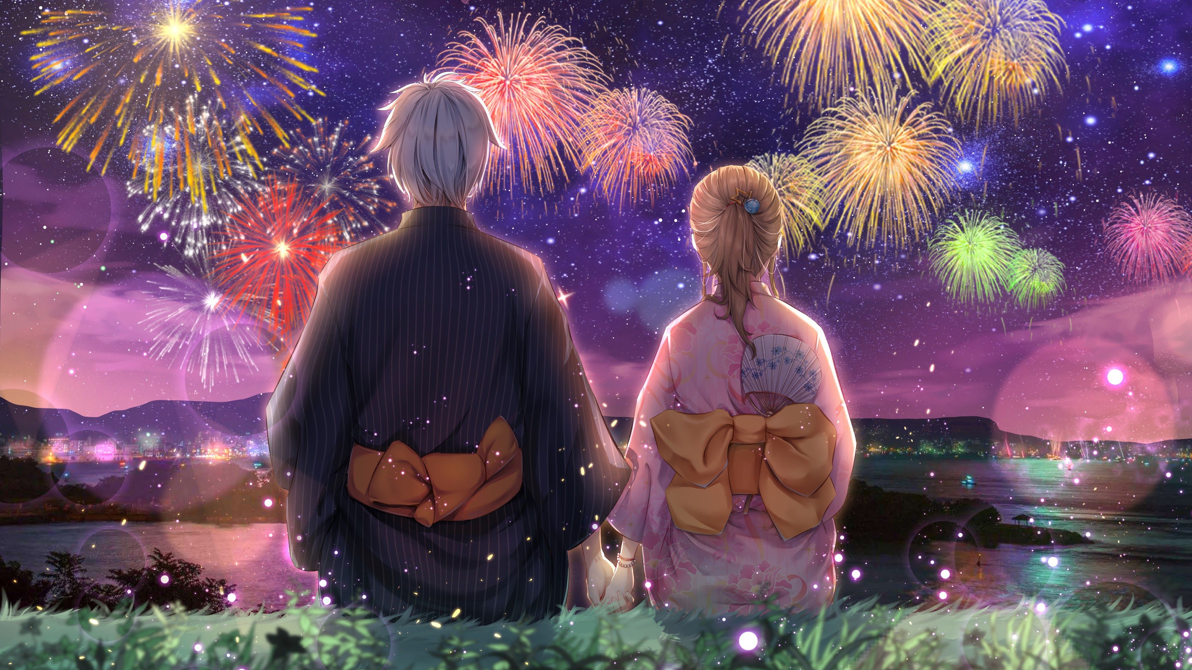 Anime Couple Fireworks Kimono 4K Wallpapers