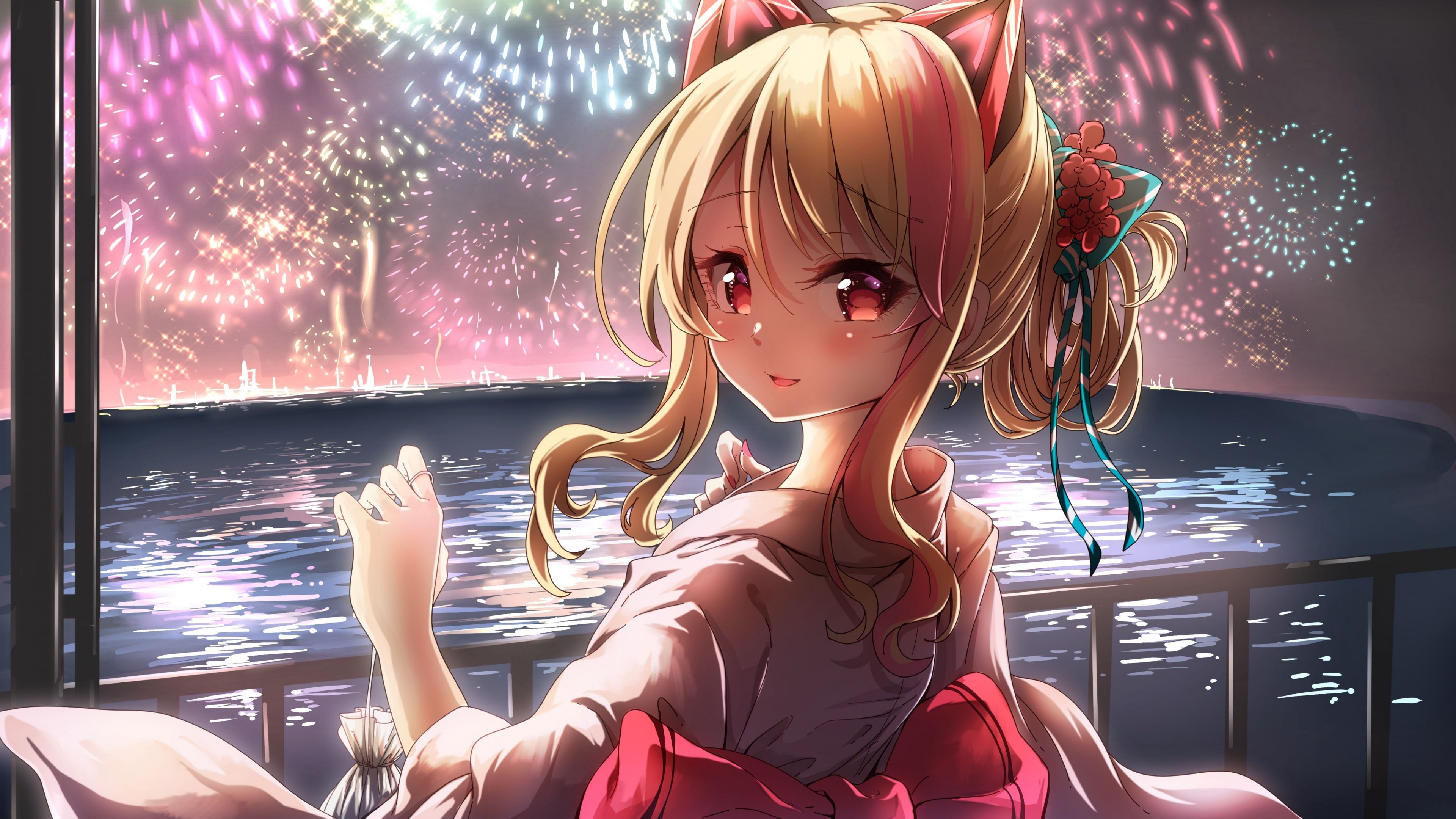 Anime girl with fireworks Wallpaper 5k Ultra HD