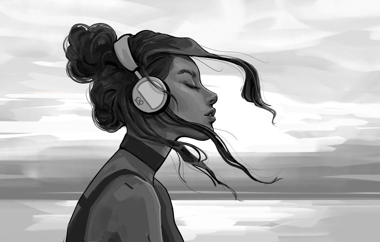 Wallpaper Girl, B W, Figure, Headphones, Girl, Hair, Black