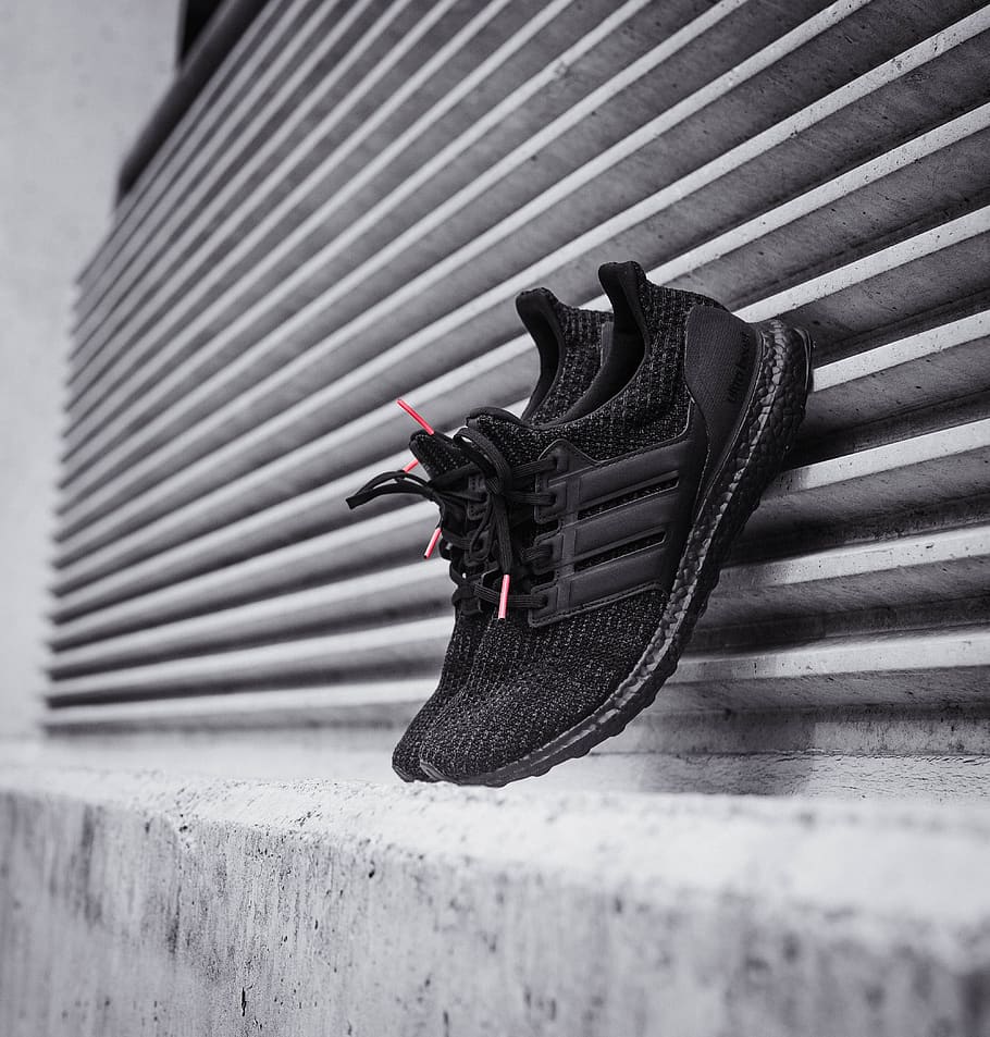 HD wallpaper: pair of black Adidas Ultra Boost shoes, footwear