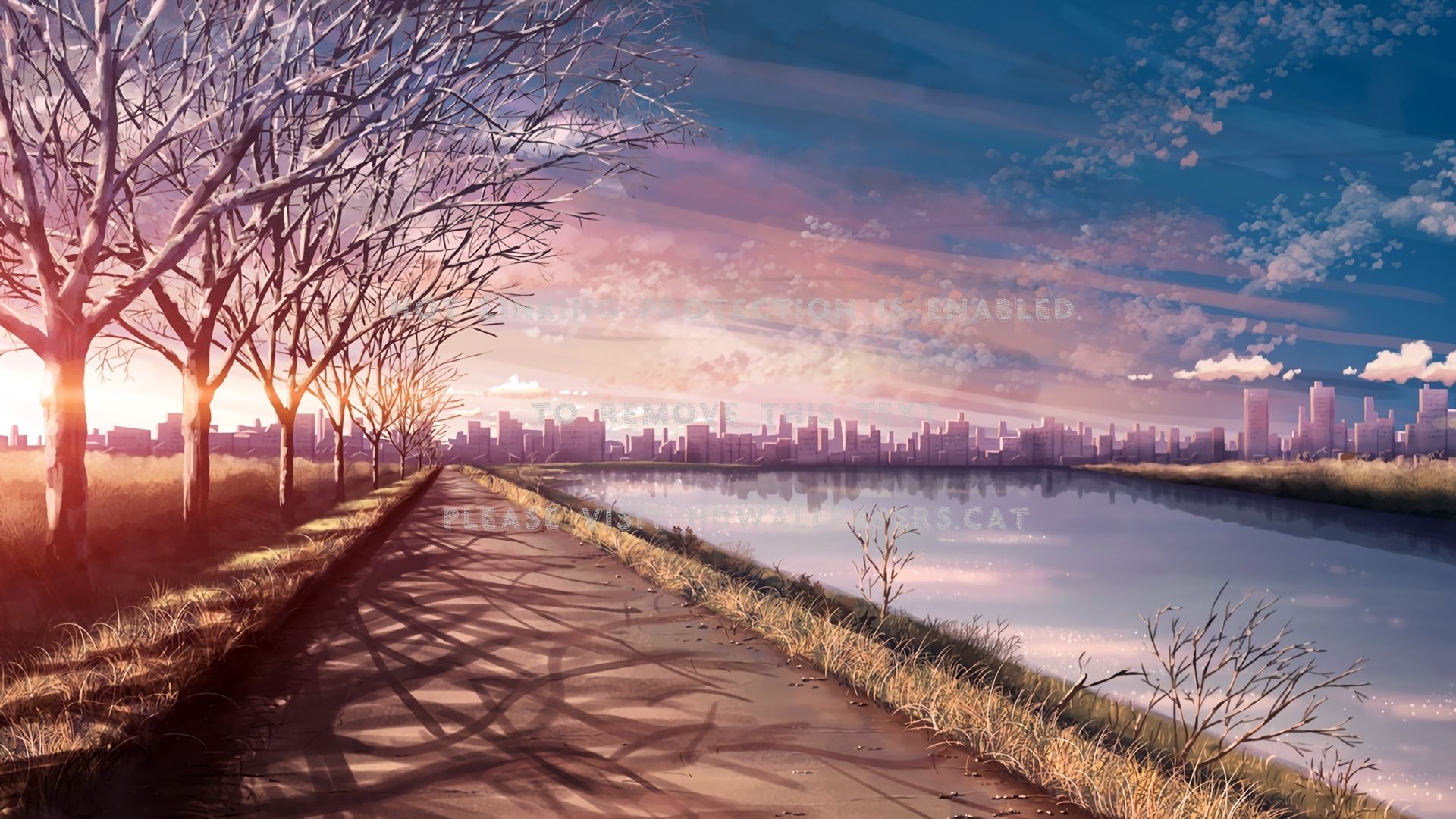 lake and city anime place pathway