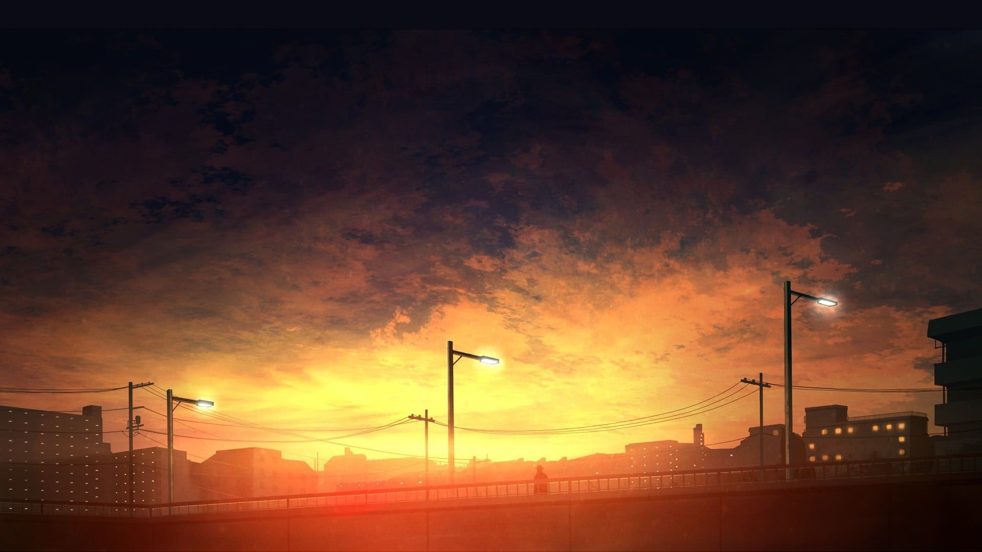 White building at golden hour, sunset, cityscape, sky, anime HD