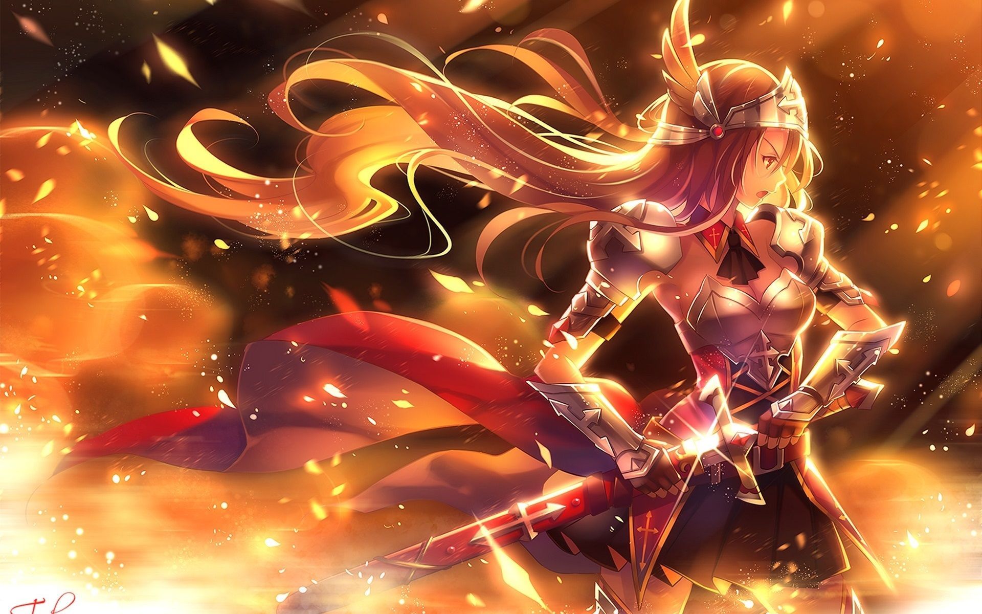 Wallpaper Anime girl, golden warrior, sword, weapons, armor
