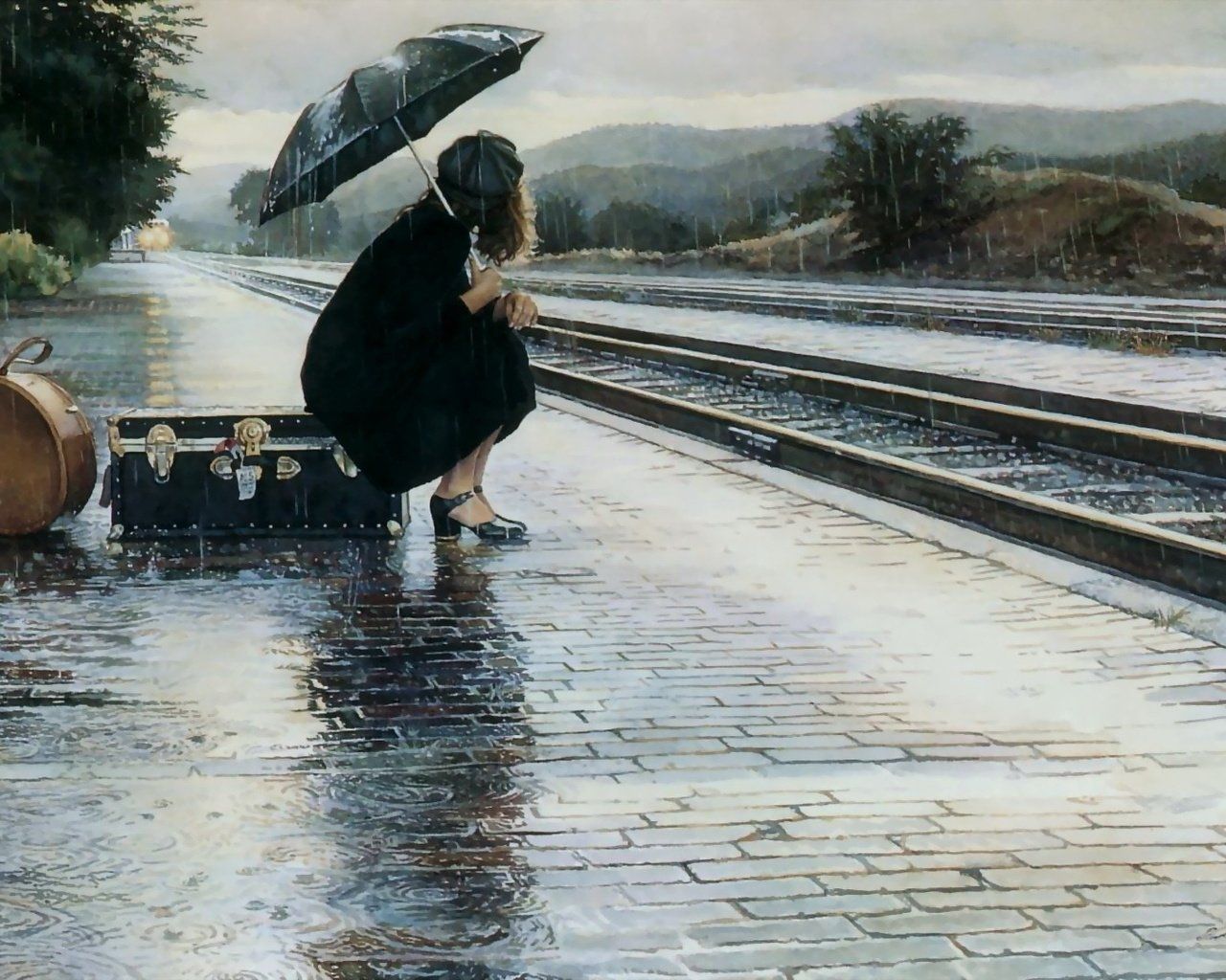 Wallpaper download girl, sadness, rain, suitcase, the platform