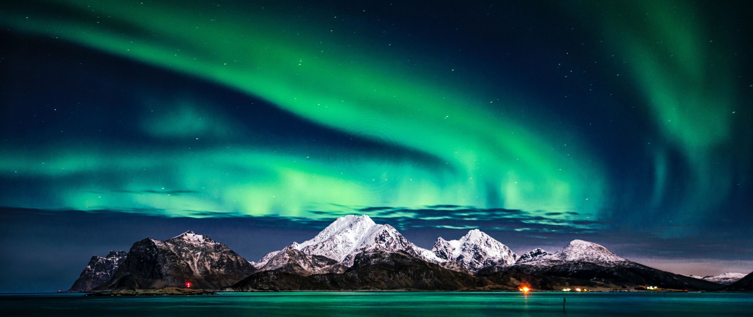 Download 2560x1080 wallpaper aurora borealis, green lights, sky
