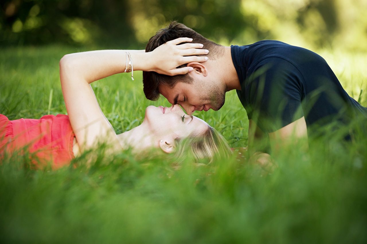 Wallpaper Man Couples in love kissing Two Girls Hands Grass