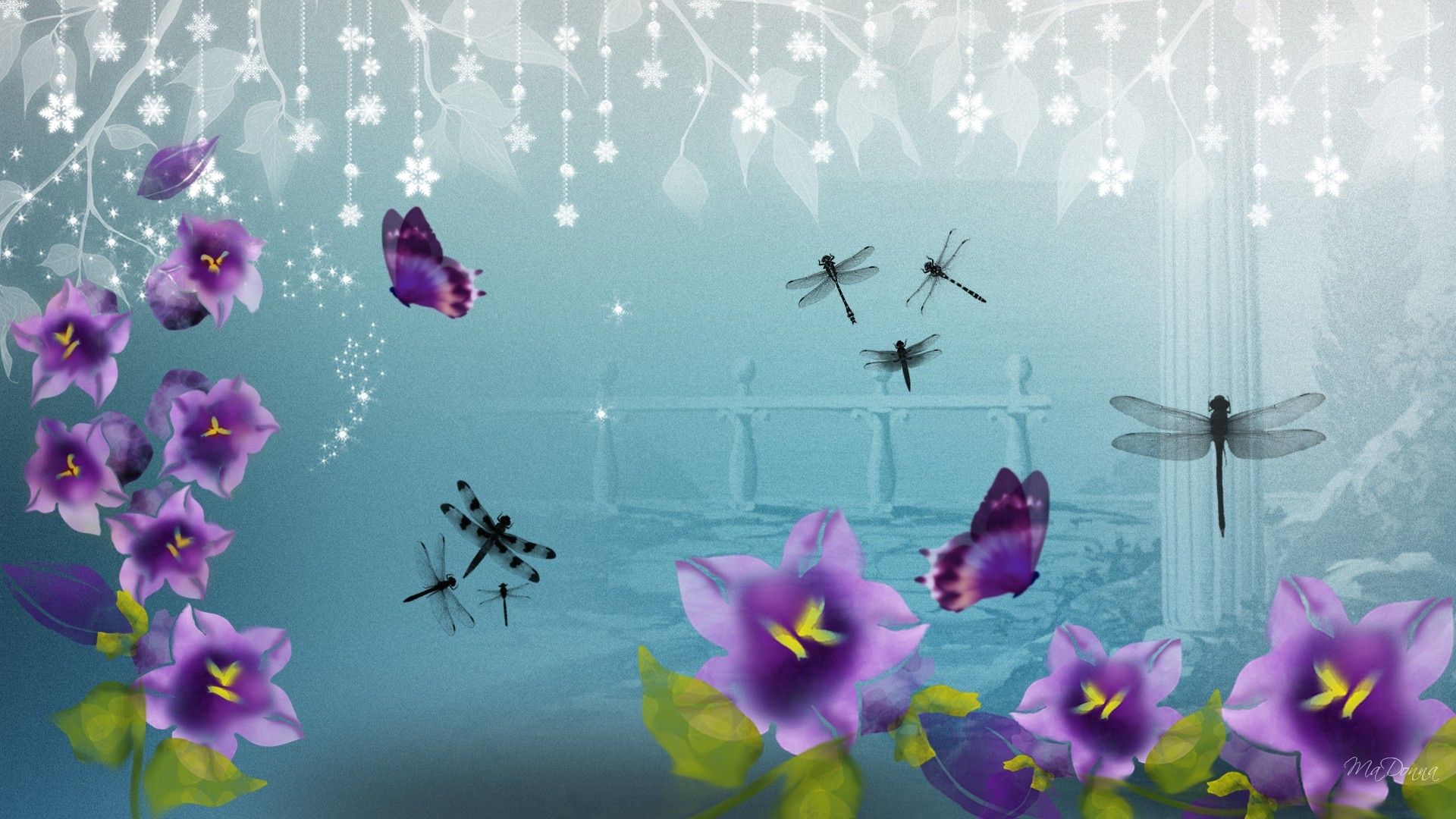 Abstract Summer Spring Stars Flower Blue Dragonflies