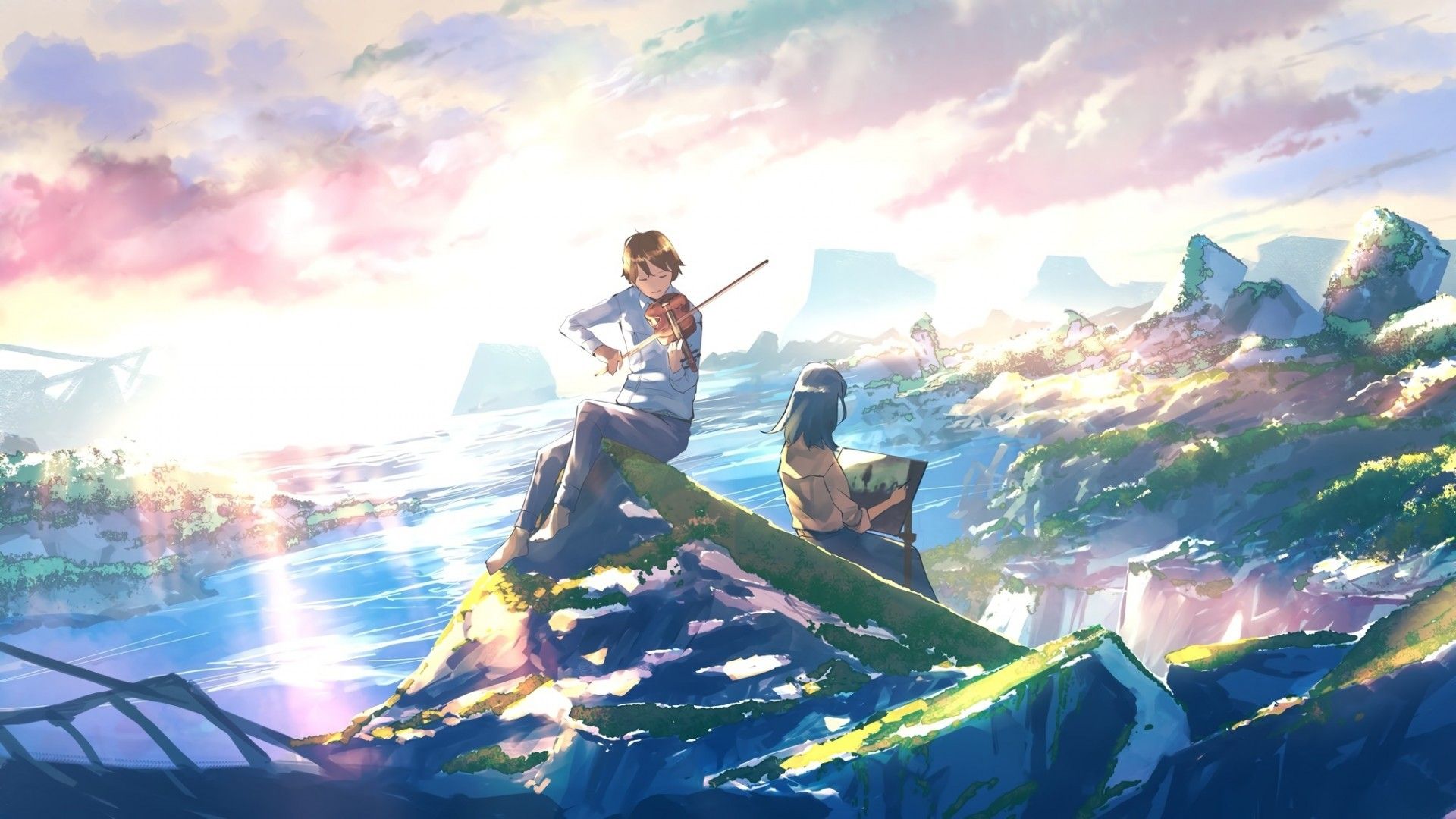 Download 1920x1080 Anime Boy And Girl, Violin, Painting, Scenic