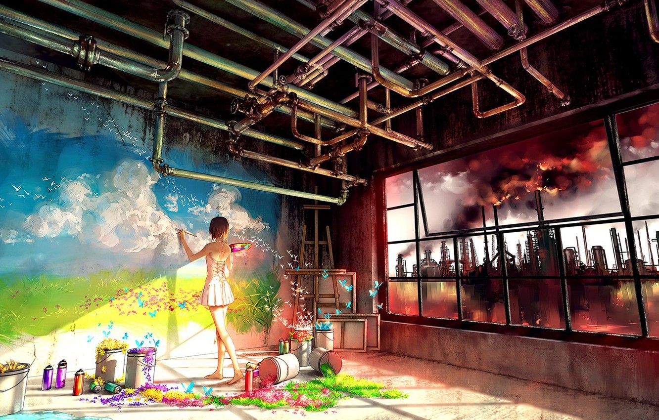 Wallpaper colorful, girl, wall, grass, sky, landscape, smoke
