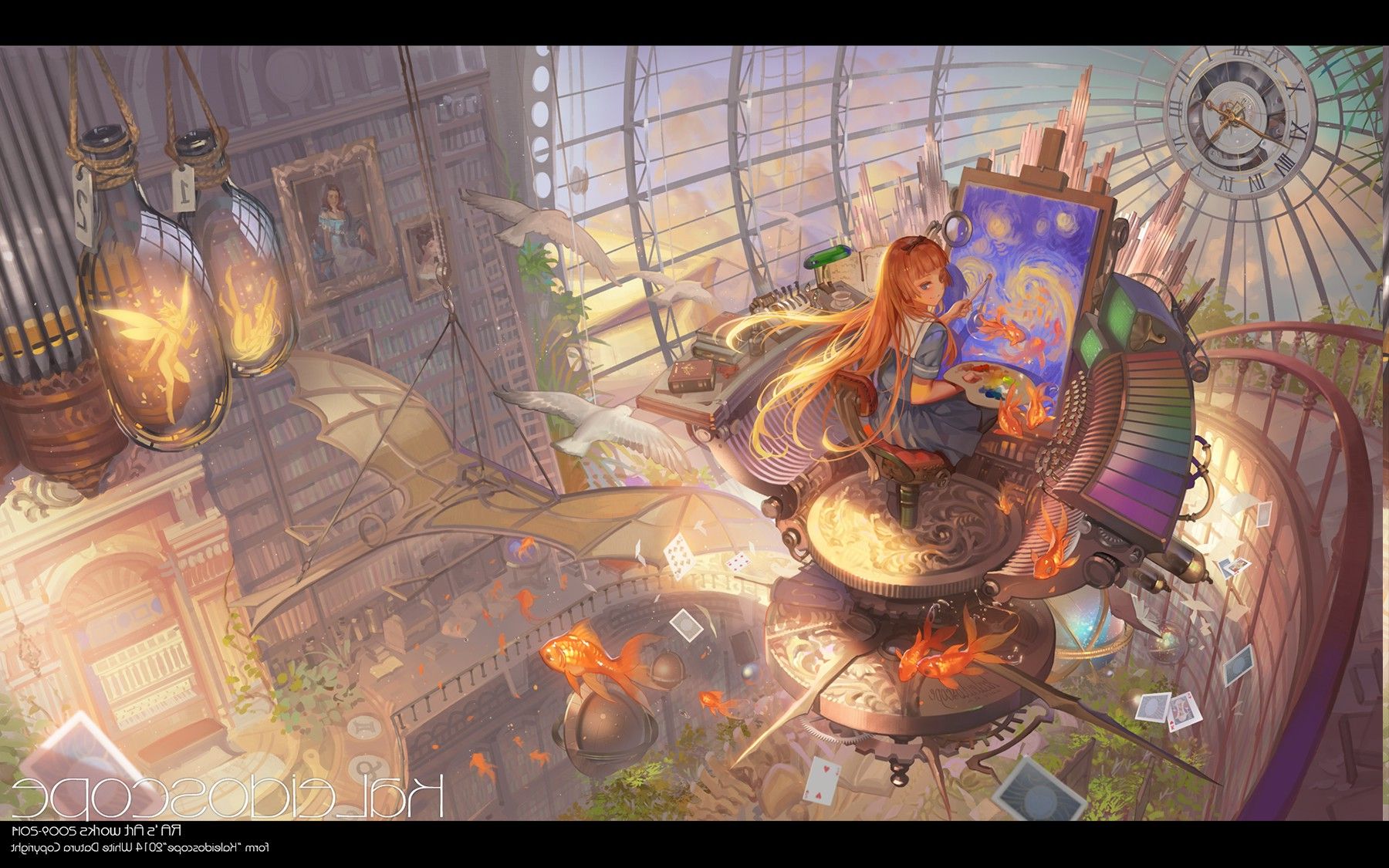 kaleidoscope, Anime, Fantasy Art, Interiors, Painting, Library, Clocks, Fish, Books, Doves, Cards, Fairies, Original Characters, Soft Shading Wallpaper HD / Desktop and Mobile Background