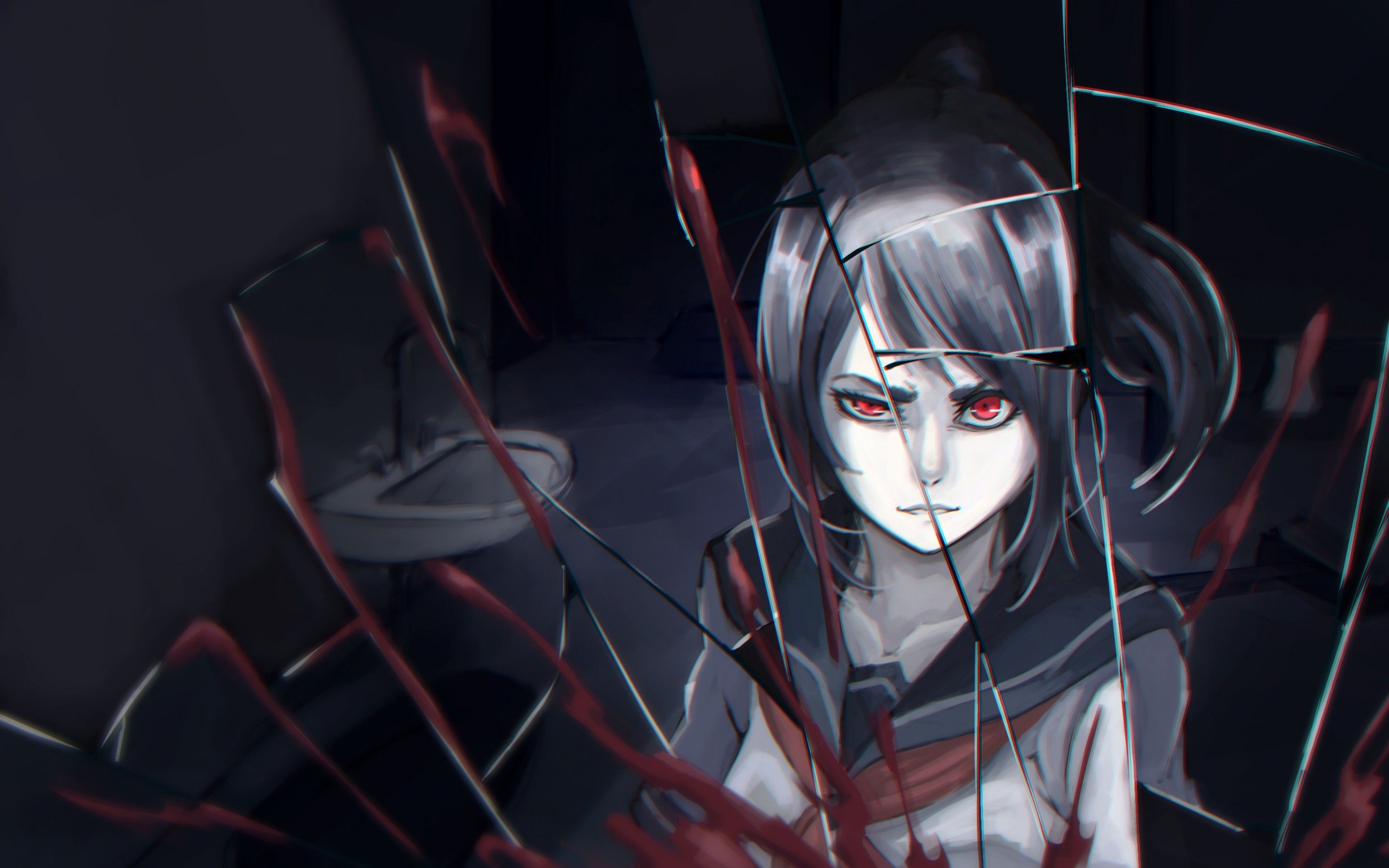 Download 2880x1800 Yandere, Anime Girl, Shattered Glass, Red Eyes