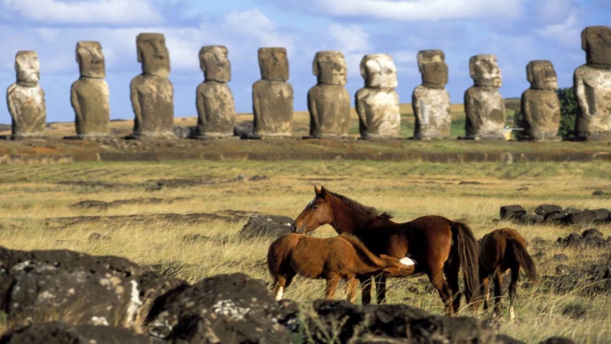 Chile horses Easter Island moai wallpaperx1080