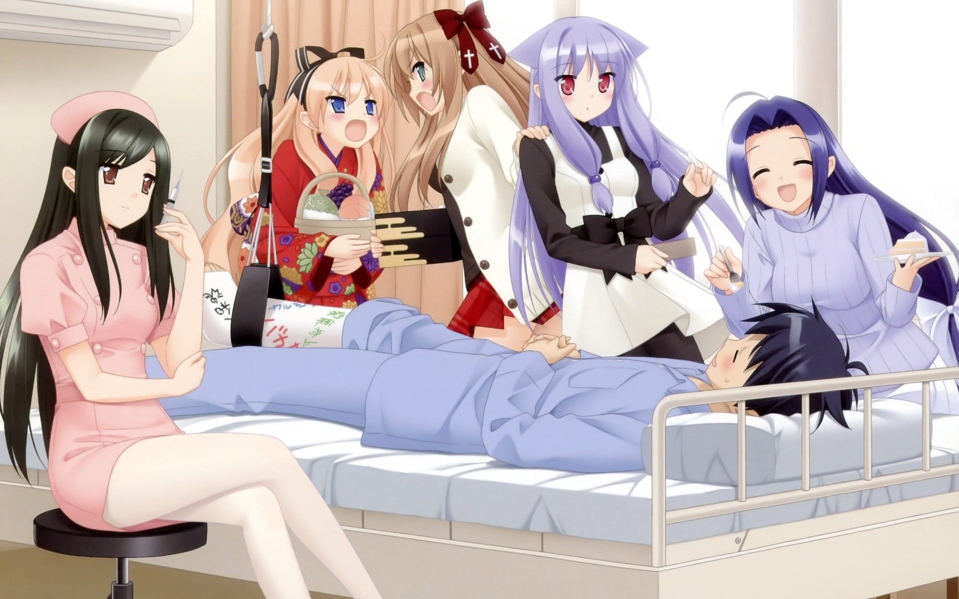 Five women in clothing in front of man lying on bed anime