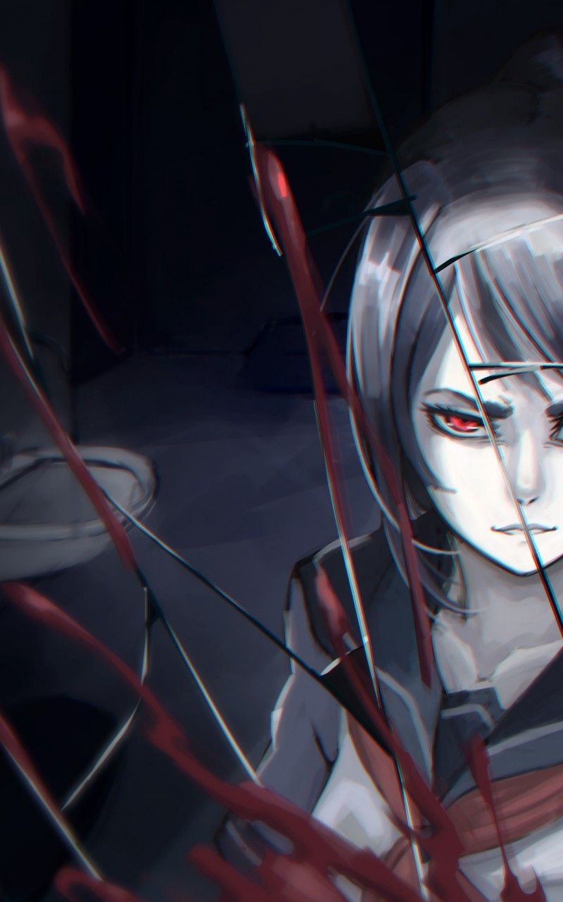 Download 800x1280 Yandere, Anime Girl, Shattered Glass, Red Eyes