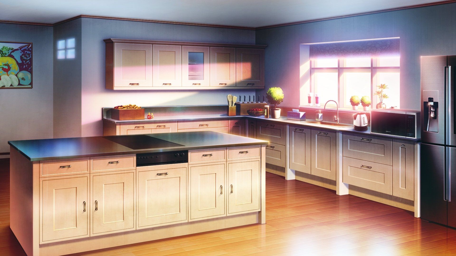 prompthunt interior background art bright window lit kitchen morning  steaming food on the stove wooden floors houseplants cottage decor anime  trending on pixiv fanbox painted by greg rutkowski makoto shinkai takashi  takeuchi