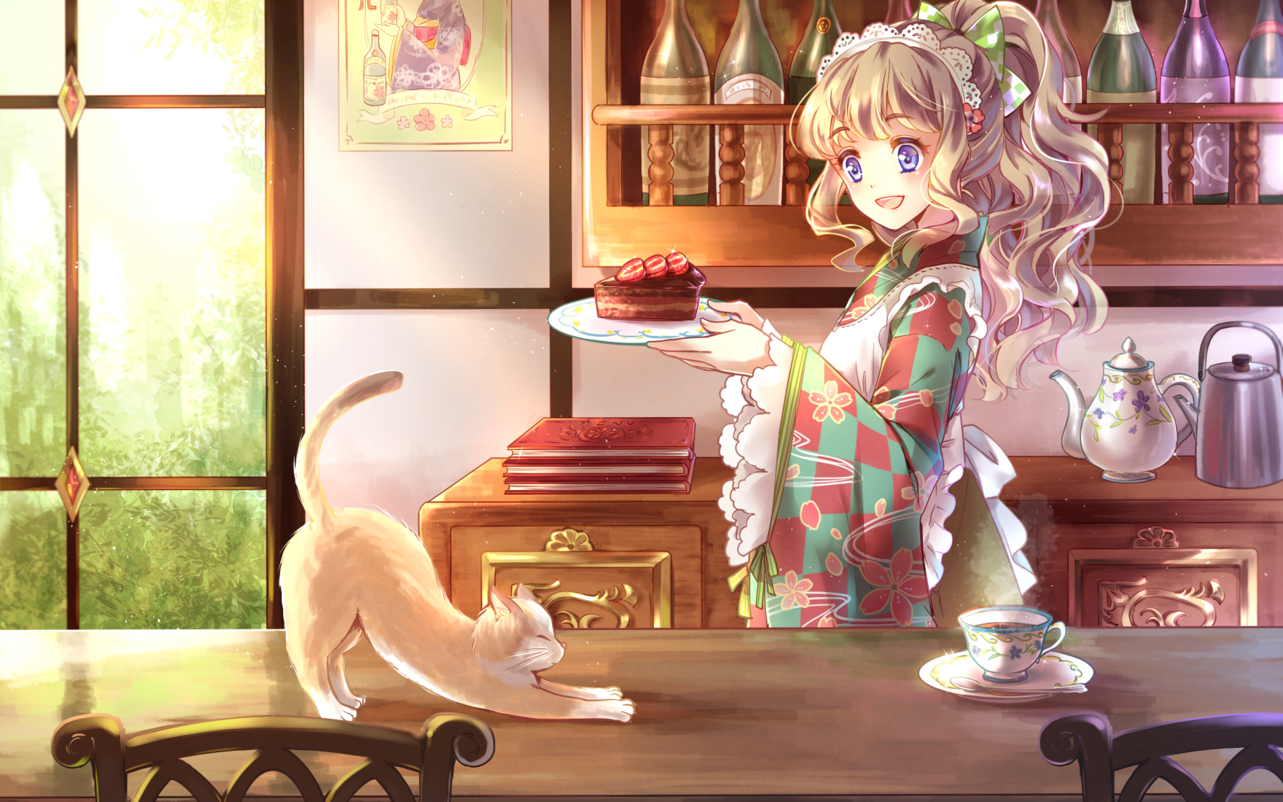 Download 2560x1600 Anime Girl, Bar, Kitten, Kitchen, Coffee