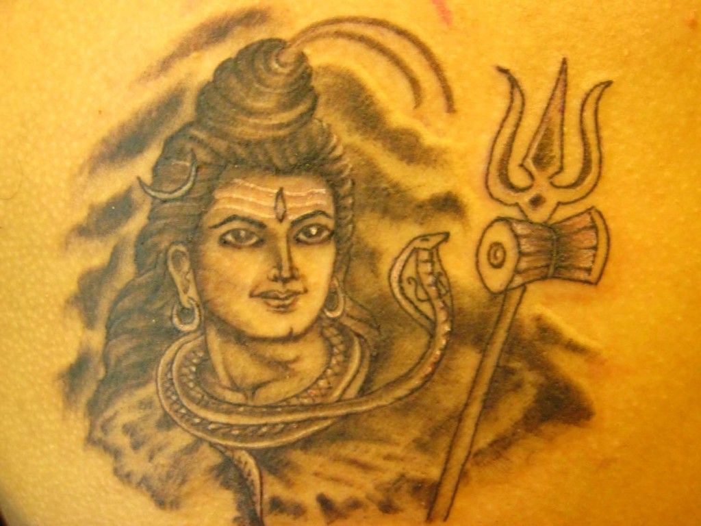 Black And Grey Lord Shiva With Trishul Tattoo Design