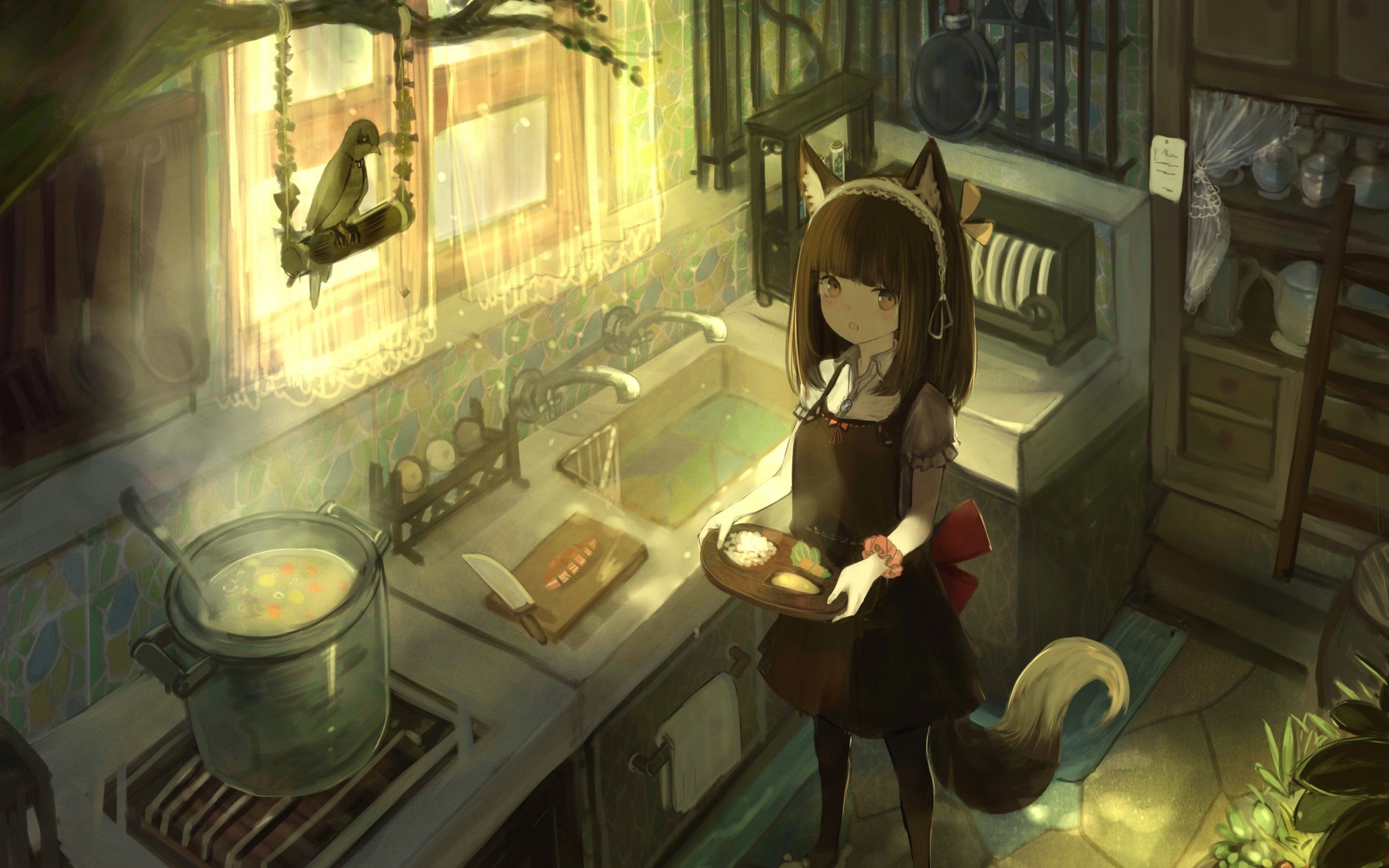 Download 2880x1800 Anime Fox Girl, Animal Ears, Kitchen, Cooking