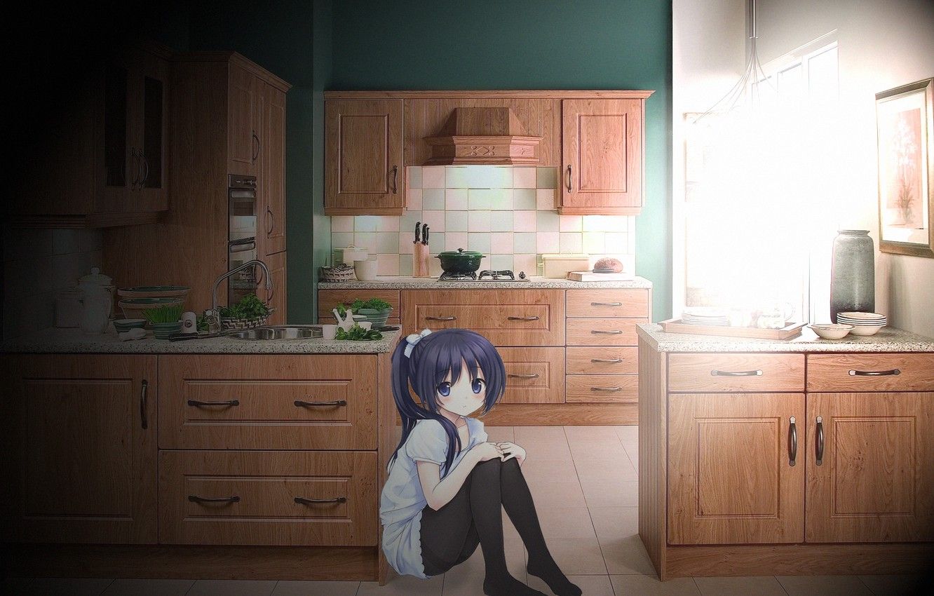Wallpaper girl, morning, kitchen, the rays of the sun, anime, Chan, anime tenochca, morning in the kitchen image for desktop, section арт