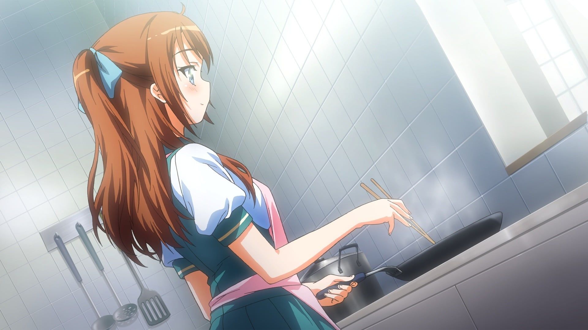 Female anime character in blue school uniform cooking on