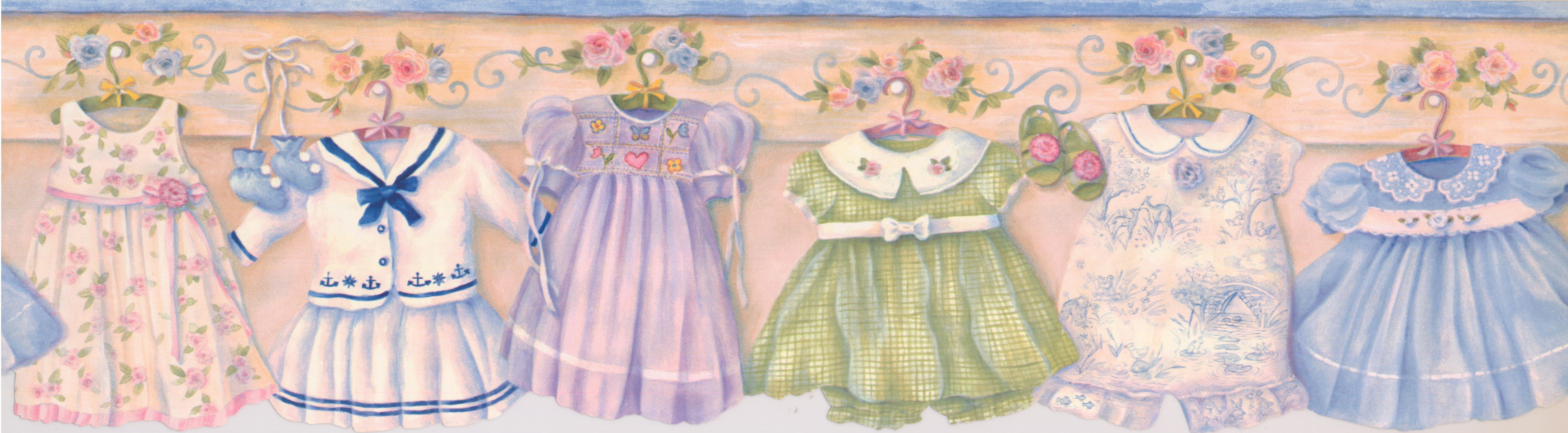 Baby Dresses on Hangers on Honey and Blue Wall Vintage Wallpaper