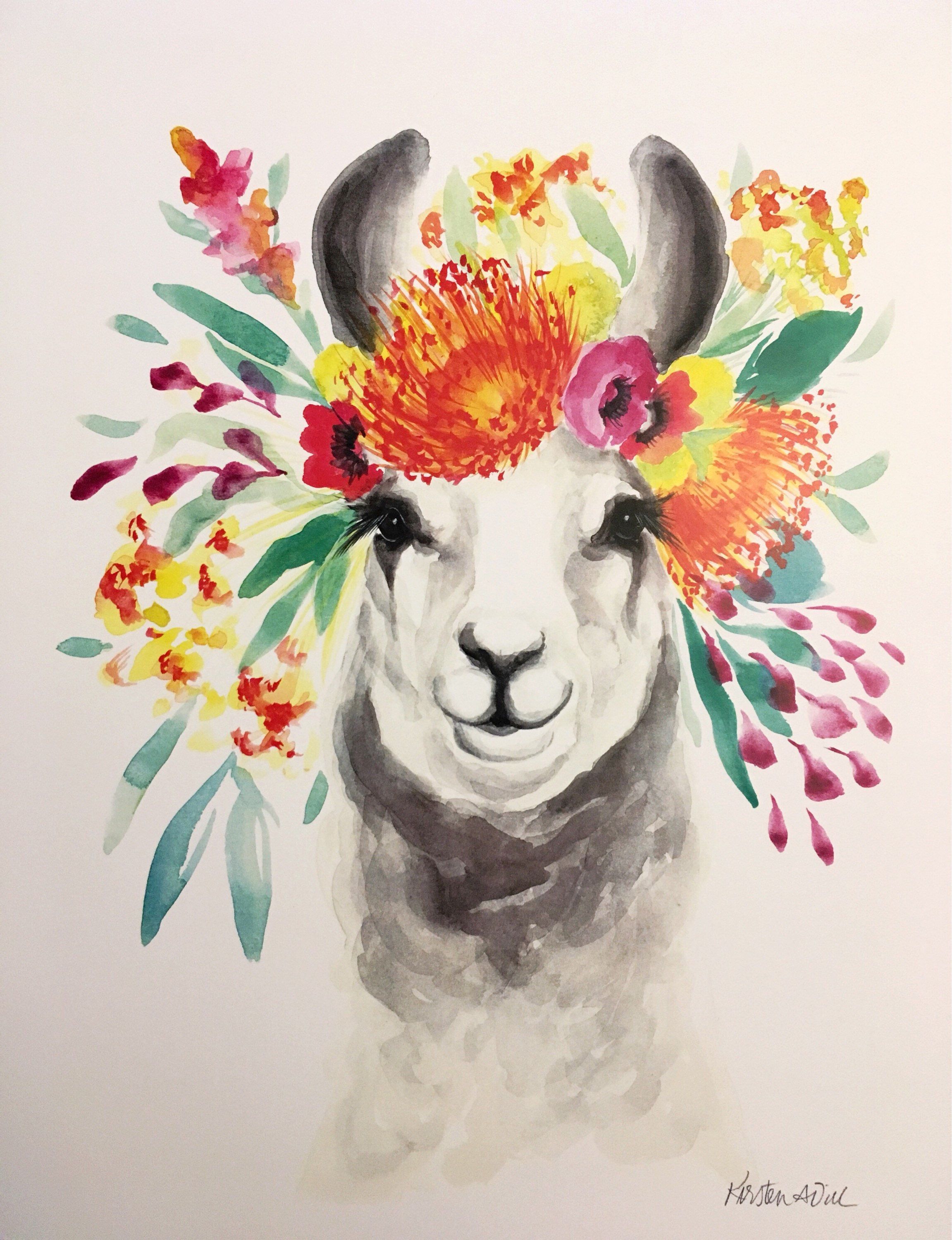 Spring Llama Watercolor PRINT. Art, Animal sketches, Watercolor print