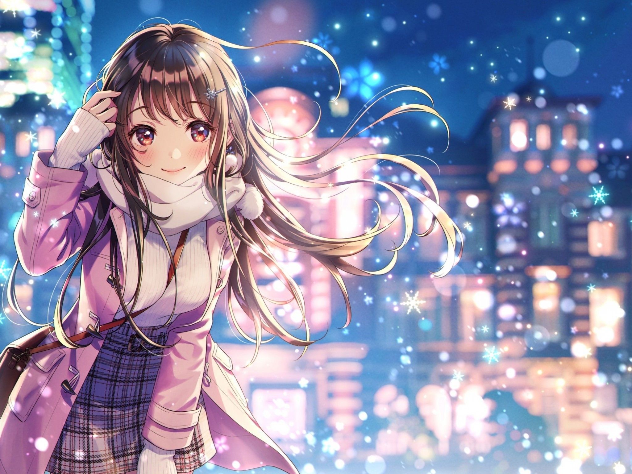 Download 2048x1536 Beautiful Anime Girl, Coat, Smiling, Winter, Snowflakes, Buildings Wallpaper for Ainol Novo 9 Spark