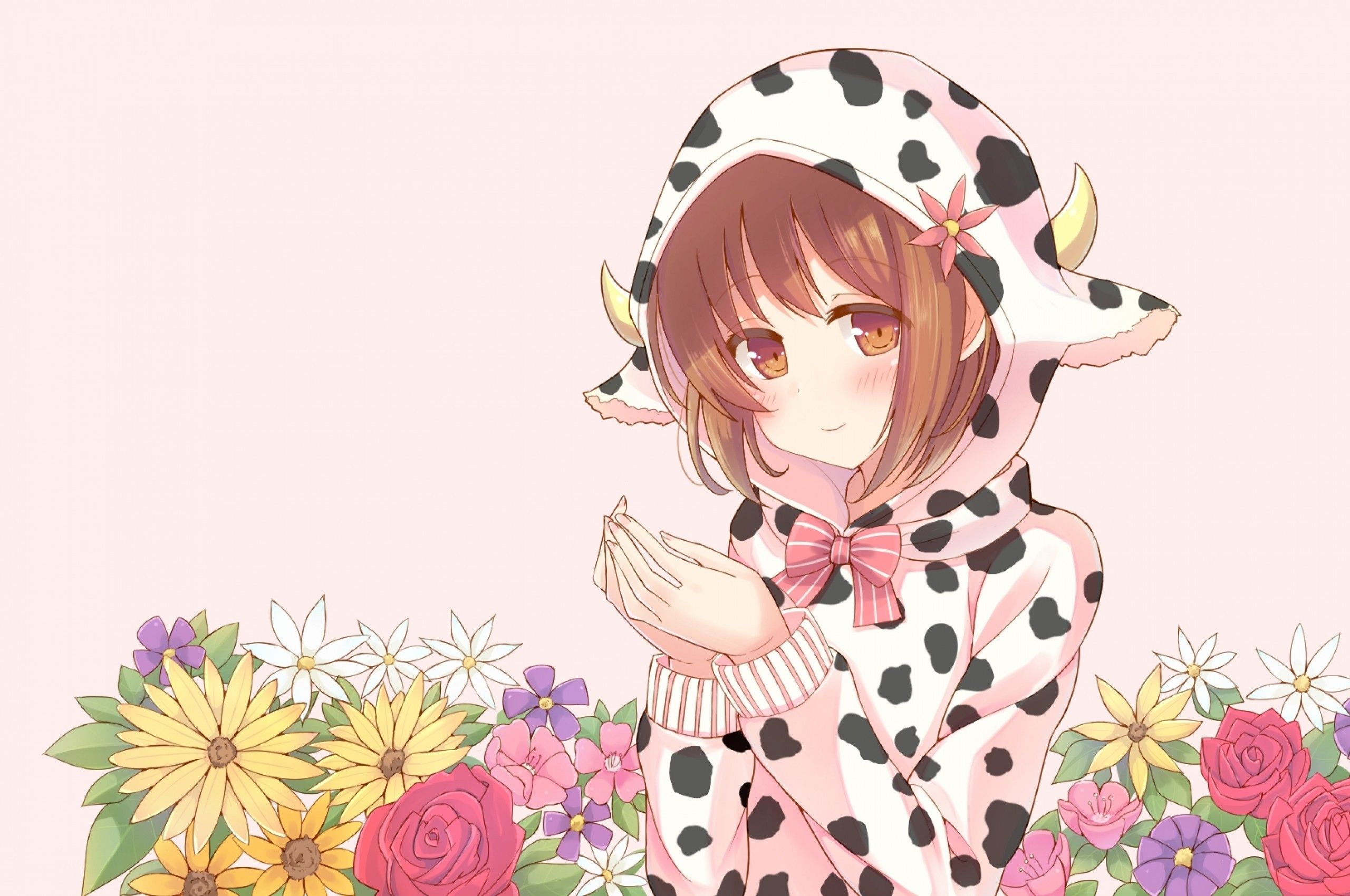 Download 2560x1700 Anime Girl, Hoodie, Brown Hair, Cute, Flowers