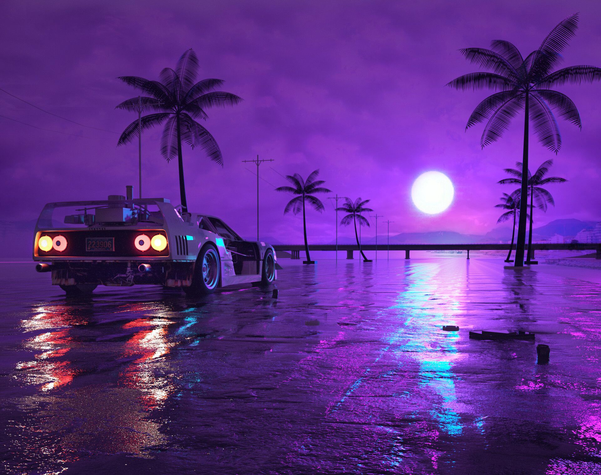 Car, Digital Art, Moon, Night, Purple, Retro Wave Wallpaper