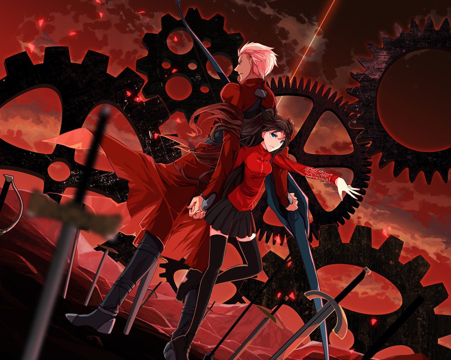 Anime series fate stay night swords red characters girl boy dress